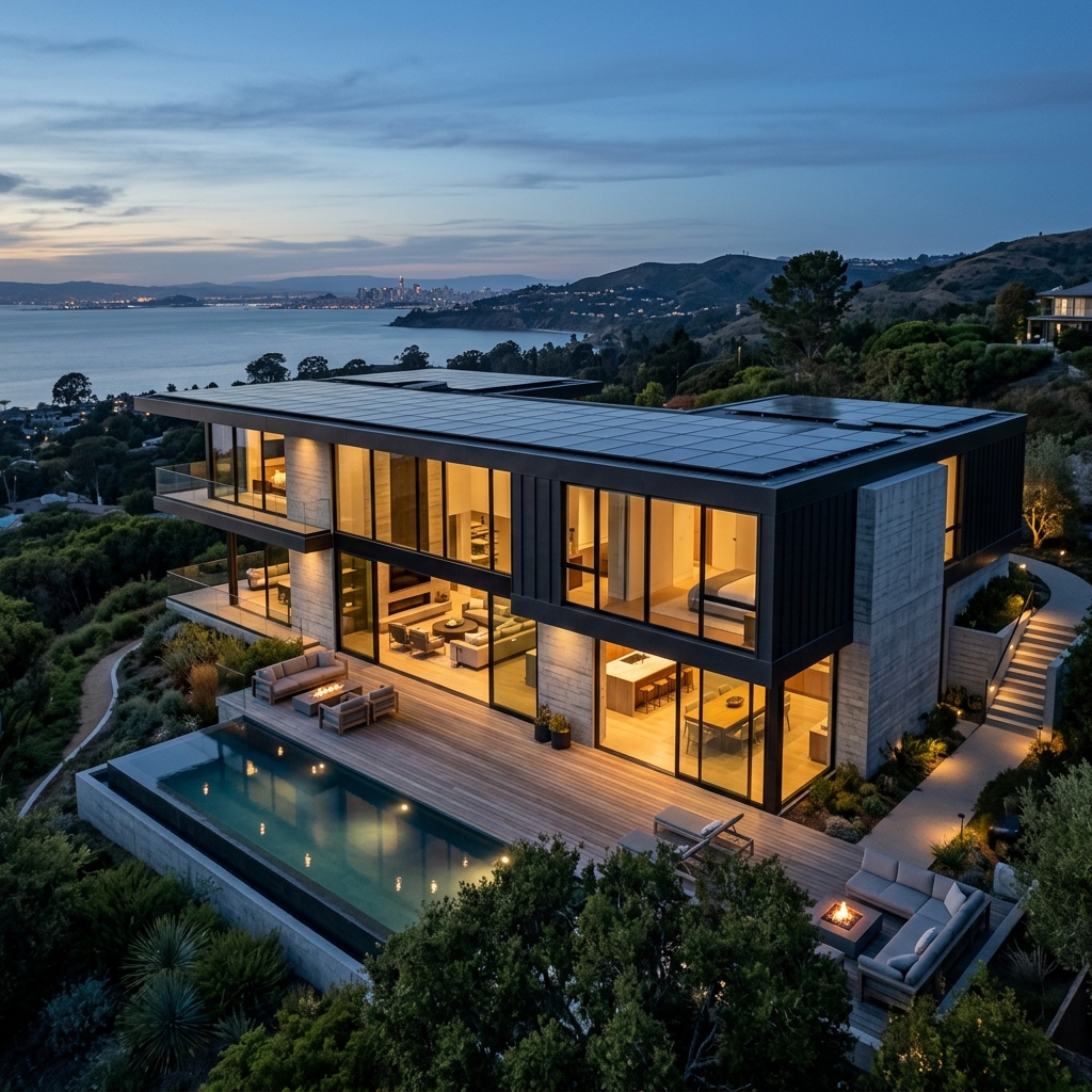 Modern luxury home with integrated rooftop solar panels